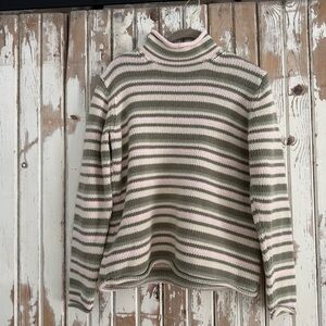 Eddie Bauer Pink, Green, and Cream Striped Turtleneck Sweater, Large